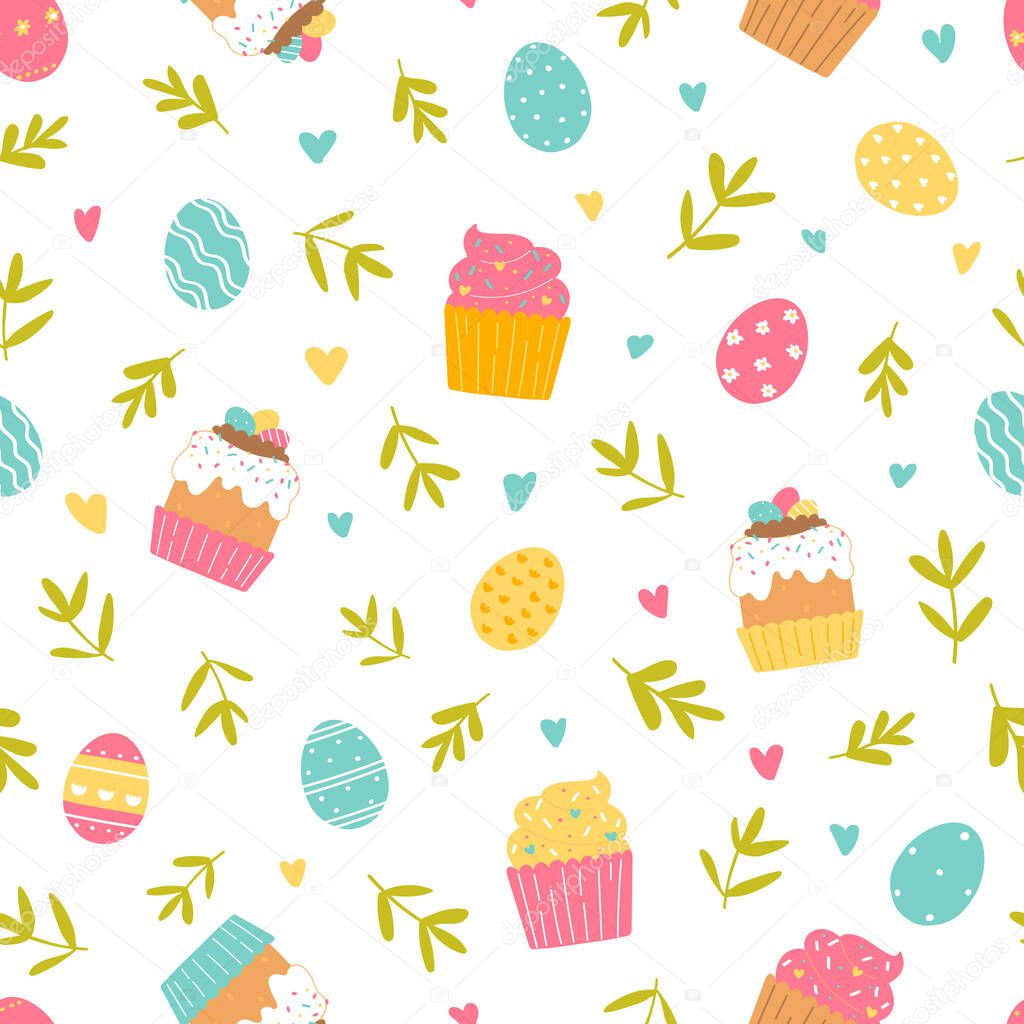 Happy Easter seamless pattern on white background. Painted eggs, branches, Easter cakes, cupcakes. Vector Illustration flat style design for invitations, prints, wrapping paper