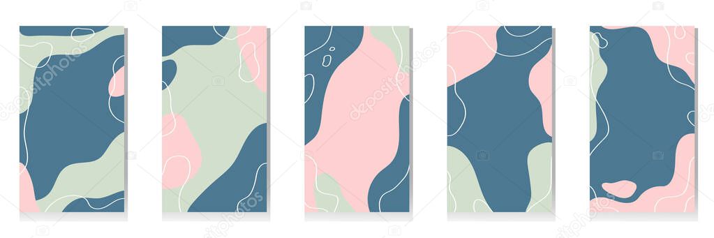 Set of abstract backgrounds. Hand drawn various shapes and doodle objects. Use for Instagram stories. Contemporary modern trendy vector illustrations. Every background is isolated.