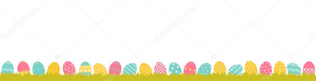 Beautiful horizontal banner Easter eggs on the grass . Vector illustration in flat style