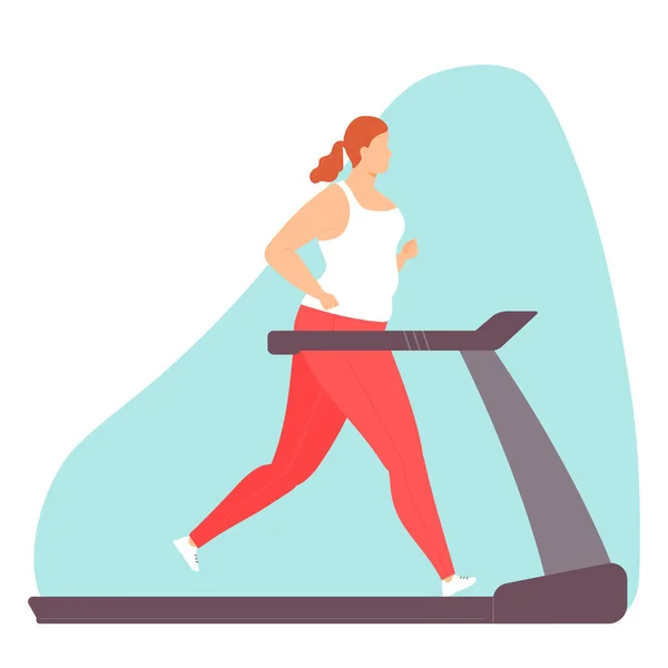 在跑步机上做有氧运动的胖女人 健身房 体重减轻 健康的生活方式手绘扁平样式的矢量图解 — 图库矢量图片