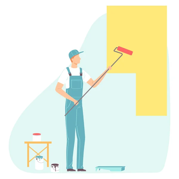 Worker Uniform Paints Wall Roller Man Making House Home Apartment — Stock Vector