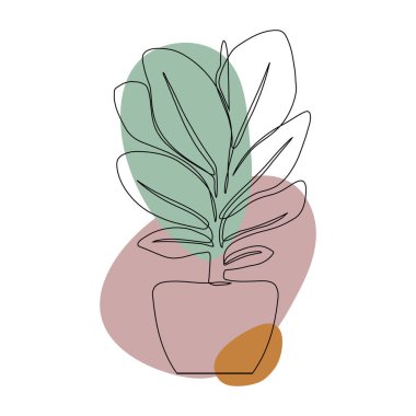 Ficus beyaz arka planda izole edilmiş. Sürekli bir çizgi çiziyor. Modern minimalizm. Renkli Benekler. Satır sanat tarzında vektör illüstrasyonu