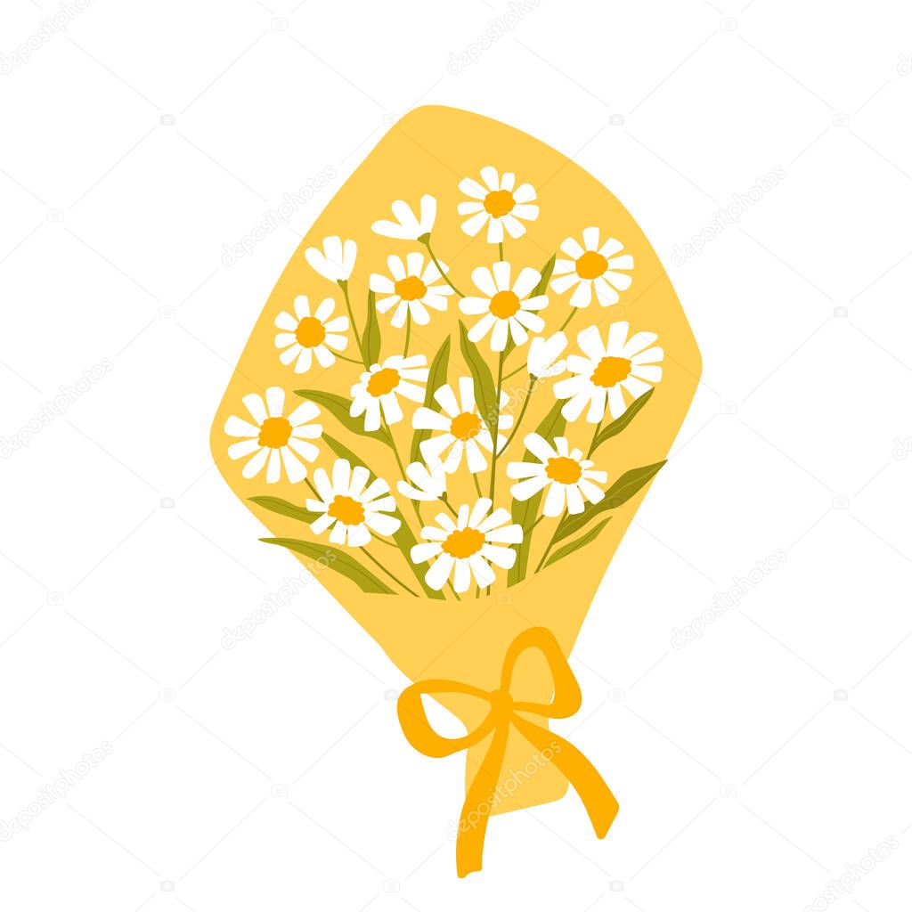 A bouquet of spring blooming flowers. White chamomile. Floral decorative composition isolated on white background. Vector illustration in flat style