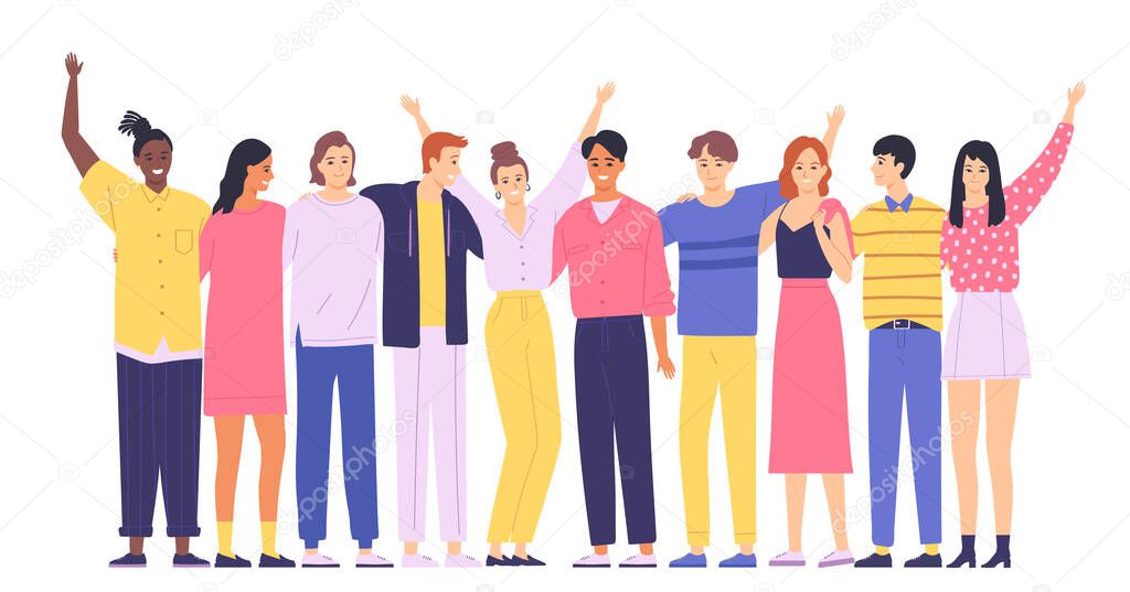Group of happy people in casual clothes on a white background. Young people stand side by side and hug. Vector illustration in flat style.