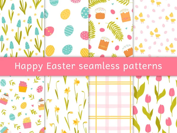 Set Eight Seamless Patterns Happy Easter Spring Holiday Vector Illustration — Stock Vector