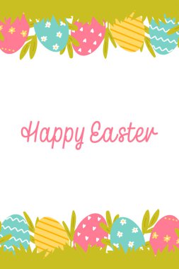 Mutlu Paskalya tebrik kartları. Çimlerin üzerinde paskalya yumurtası. Düz biçimli vektör illüstrasyonu.