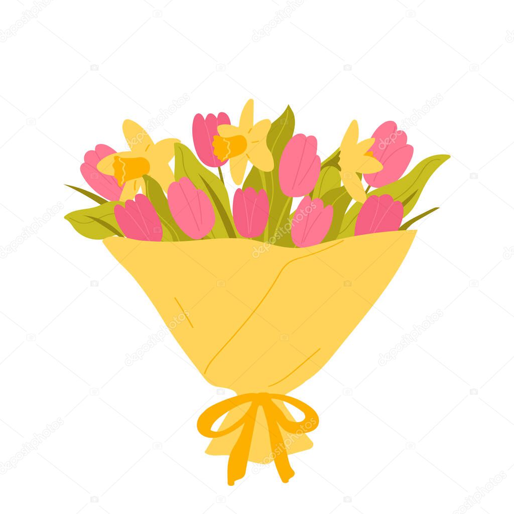 A bouquet of spring blooming flowers. Pink tulips and yellow daffodils. Floral decorative composition isolated on white background. Vector illustration in flat style