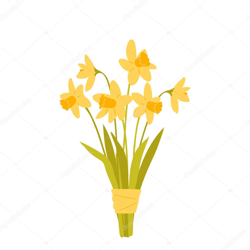 A bouquet of spring blooming flowers. Yellow daffodils. Floral decorative composition isolated on white background. Vector illustration in flat style