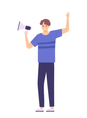 Elinde hoparlör tutan genç bir adam. Mitingdeki kız. Karakter beyaz arkaplanda izole edildi. Düz çizgi film vektör çizimi