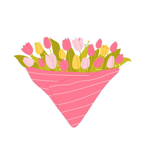 Букет весенних цветущих цветов. Разноцветные тюльпаны. Цветочная декоративная композиция выделена на белом фоне. Векторная иллюстрация в плоском стиле