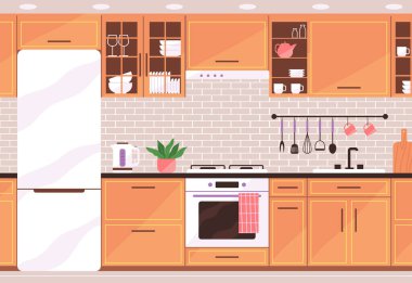 Mobilyalarla dolu rahat bir mutfak. Modern iç mekan. Düz biçimli vektör illüstrasyonu