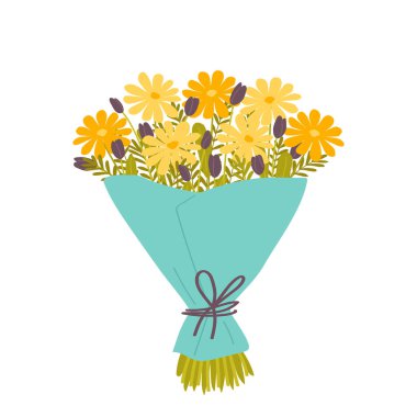 Bahar çiçeği buketi. Sarı gerberalar ve koyu renkli laleler. Çiçek dekoratif bileşimi beyaz arka planda izole edilmiş. Düz biçimli vektör illüstrasyonu