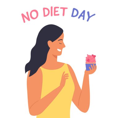 Elinde kek olan genç bir kadın. Uluslararası diyet günü yok. Beyaz arka planda mutlu bir karakter. Düz biçimli vektör illüstrasyonu