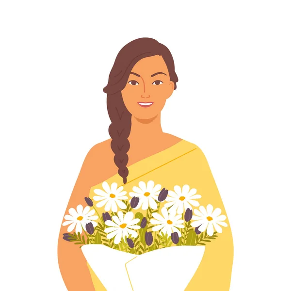 Retrato Uma Bela Mulher Indiana Com Buquê Flores Personagem Feminina —  Vetores de Stock