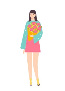 Çiçek buketiyle güzel bir Asyalı kadın. Beyaz arka planda izole edilmiş kadın karakter. Uluslararası Kadınlar Günü. Düz biçimli vektör illüstrasyonu.