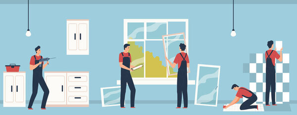 Group of repairmen doing renovation in the house. Cartoon workers are drilling the wall, installing windows, laying tiles. Vector illustration in flat style.