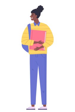 Sıradan giyinmiş tatlı Afro-Amerikan öğrenci kız. Kitaplı bir kadın. Karakter beyaz arkaplanda izole edildi. Düz biçimli vektör illüstrasyonu.