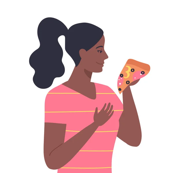 Jeune Femme Brune Avec Pizza Pas Régime Joyeux Personnage Sur — Image vectorielle