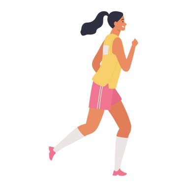 Genç bir kadın spor üniformasıyla koşuyor. Koşan kız. Beyaz arkaplanda izole edilmiş karakter. Düz biçiminde vektör illüstrasyonu