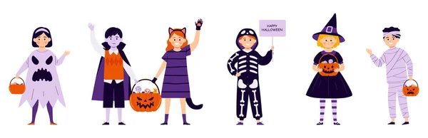 Dzieci Halloween Kostiumy Izolowane Białym Tle Zestaw Zabawnych Uroczych Postaci — Wektor stockowy