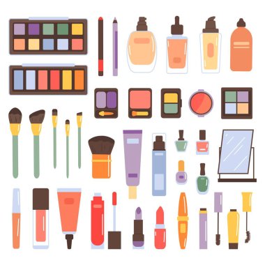 Makyaj malzemeleri beyaz arka planda izole edilmiş. Maskaralar için makyaj malzemeleri, fırçalar, gölgeler, toz, cila, kaş kalemi, ruj, fondöten. Güzellik ürünleri. Düz biçimli vektör illüstrasyonu