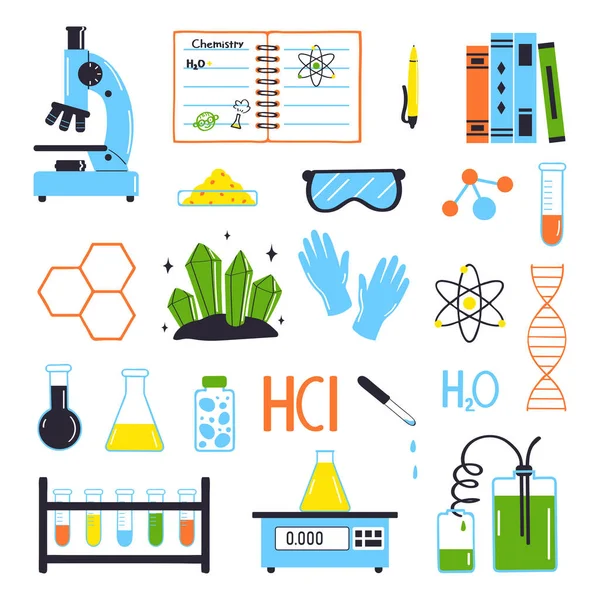 Set di articoli per lo studio della chimica isolati su fondo bianco. Concetto scolastico. Illustrazione vettoriale in stile piatto. — Vettoriale Stock
