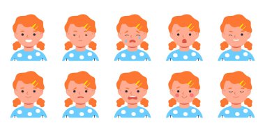 Çocuk duyguları seti. Yüz ifadesi. Düz kız avatarı. Düz çocuk karakterinin vektör illüstrasyonu.
