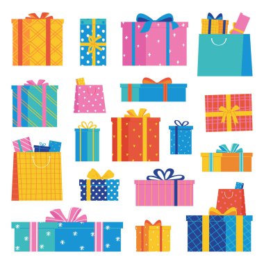 Beyaz arka planda izole edilmiş hediye kutuları. Kurdelelerle bağlanmış güzel kutular. Düz biçimli vektör illüstrasyonu.