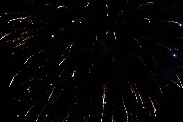 Yakın çekim havai fişekler gökyüzünde patlıyor. Siyah bir arkaplanda hareket bulanıklığı var..