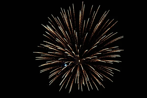 Yakın çekim havai fişekler gökyüzünde patlıyor. Siyah bir arkaplanda hareket bulanıklığı var..