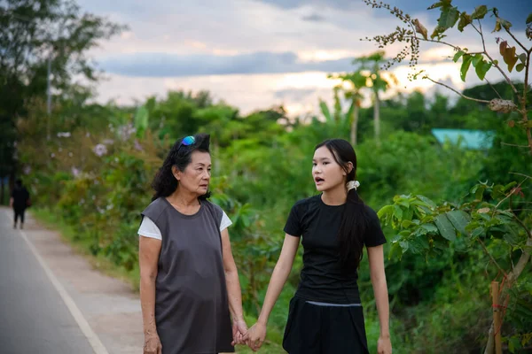 Büyükanne ve torun parkta birlikte yürümekten hoşlanırlar..