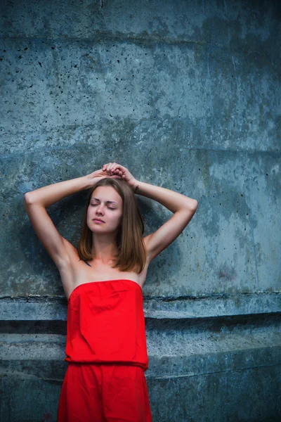 Girl in a red sundress — Stock Photo, Image