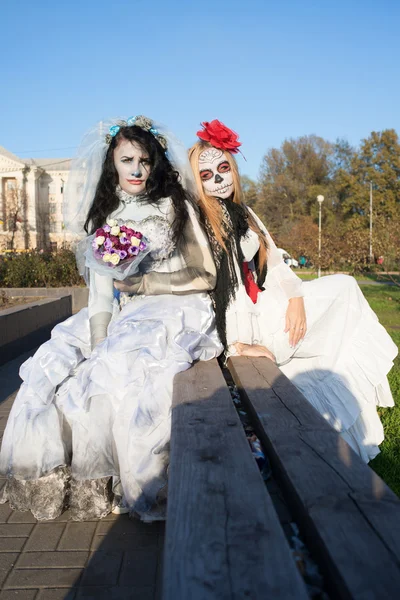 To venner på Halloween – stockfoto