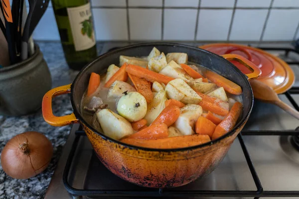橙色砂锅 胡萝卜和芹菜 放在煤气炉上 洋葱上结了丁香 为概念烹调风景 — 图库照片
