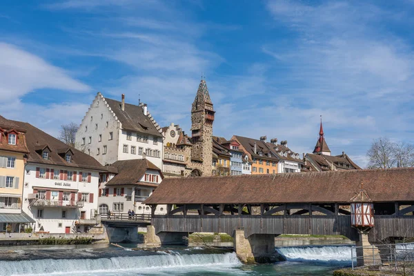 Medieval Wooden Bridge Reuss River Bremgarten Very Known Build 1281 — Stock Photo, Image