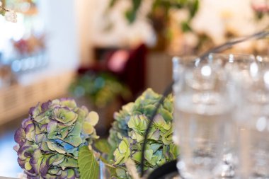 Berrak bardakların yanında mor ve yeşil renkli yemyeşil ortancalar, sakin, doğal bir alan yaratıyor.