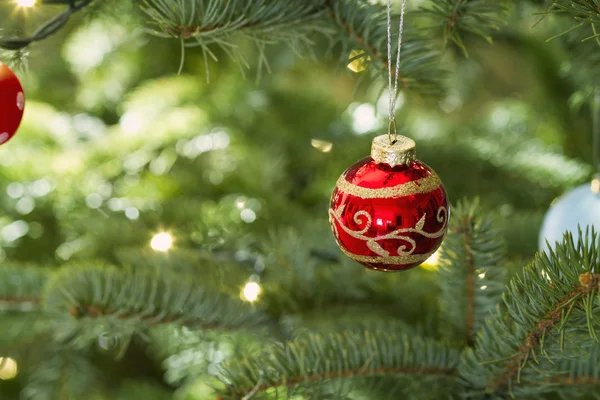 Röd boll hängande på julgran — Stockfoto