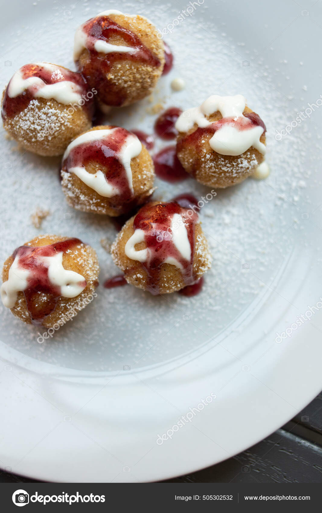 Homemade Cottage Cheese Donuts Balls Powdered Sugar Sour Marmelade