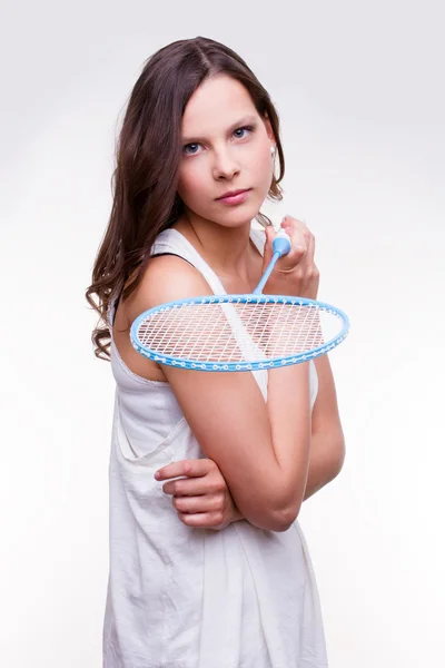 Girl holding badminton racket — Stock Photo, Image