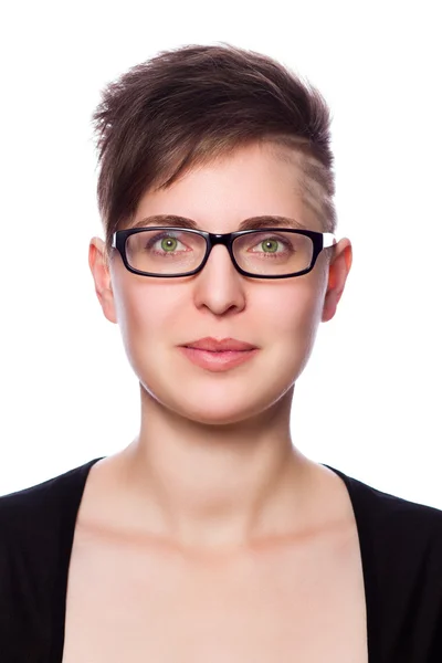 Young business woman with modern short hair, wearing glasses — Stock Photo, Image
