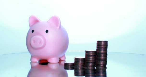Eine Porky Bank Mit Münzen Auf Weißem Hintergrund Konzept Zinssatz — Stockvideo
