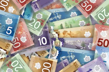 Calgary, Alberta, Kanada. 11 Şubat 2021. Kanada 'nın farklı para birimlerinden oluşan bir kolaj..