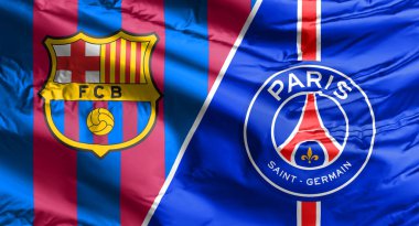 Calgary, Alberta, Kanada. 14 Şubat 2021. Kulüp Barcelona, Paris Saint Germain 'e karşı logolarına bayrak sallıyor.