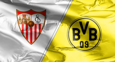 Calgary, Alberta, Kanada. 14 Şubat 2021. Sevilla, BVB 'ye karşı logolarında bayrak sallıyor.