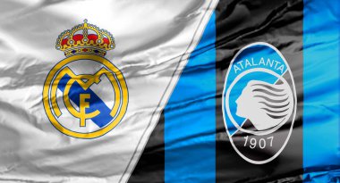 Calgary, Alberta, Kanada. 14 Şubat 2021. Real Madrid, Atalanta 'ya karşı logolarıyla bayrak sallıyor.