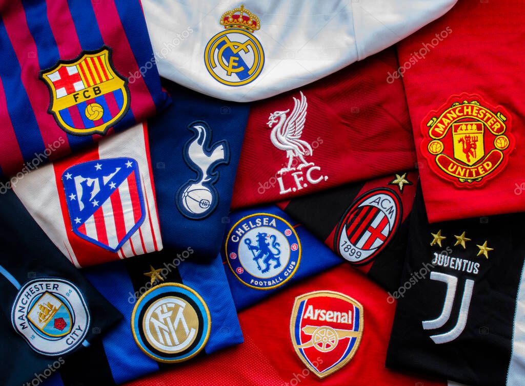 Barcelona, Catalonia, Spain. April 19, 2021. Horizontal view of The Super League or European Super League teams jerseys. annual club football competition to be contested by an exclusive group of top European football clubs.