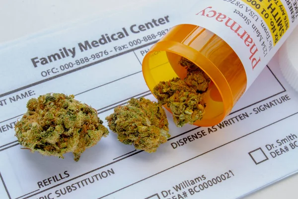 Close up of a medical cannabis bottle and on a generic prescription blank