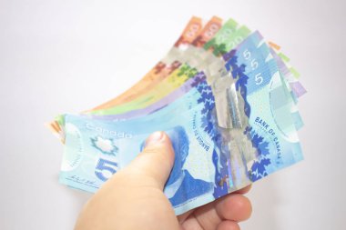 Calgary, Alberta. Kanada mı? Nisan 02, 2021. Kanada banknotları tutan bir kişi.