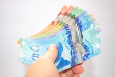 Calgary, Alberta. Kanada mı? Nisan 02, 2021. Kanada banknotları tutan bir kişi.