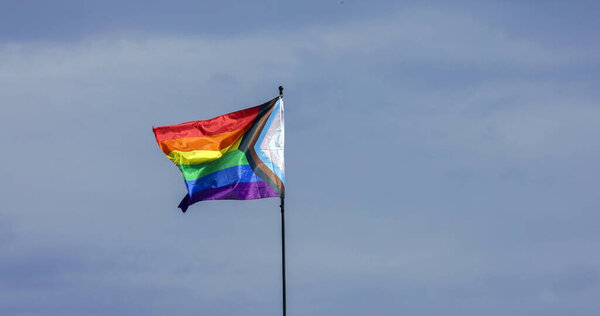 The rainbow flag is a symbol of lesbian, gay, bisexual, transgender (LGBT) and queer pride and LGBT social movements. Eight stripe flag with a white stripe in the middle, representing all colors (human diversity in terms of religion, gender, sex pref